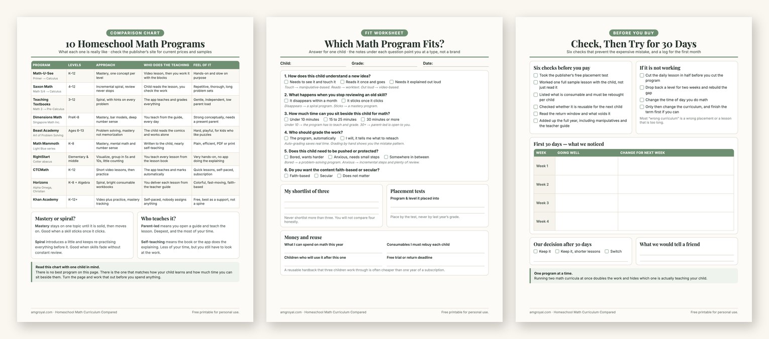 Three printable pages comparing ten homeschool math programs, with a worksheet to find the right fit and a 30-day trial log