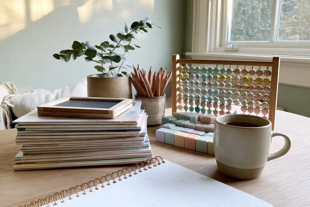 A homeschool math corner with a wooden abacus, a stack of math workbooks, pencils and a mug on a sunny table