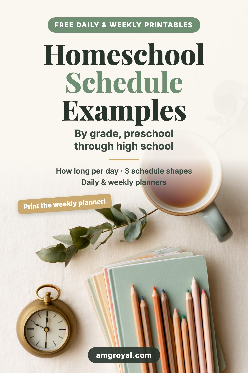 Homeschool schedule examples by grade, from preschool through high school, with free daily and weekly printables