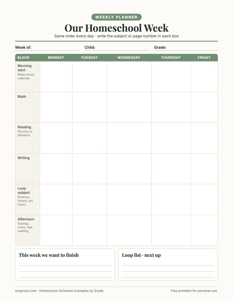 Printable weekly homeschool schedule planner with a Monday to Friday grid