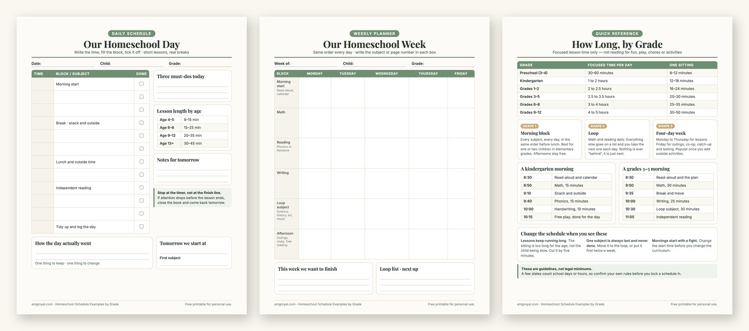 Three free printable homeschool schedule pages: a daily schedule, a Monday to Friday weekly planner and a quick reference of lesson hours by grade