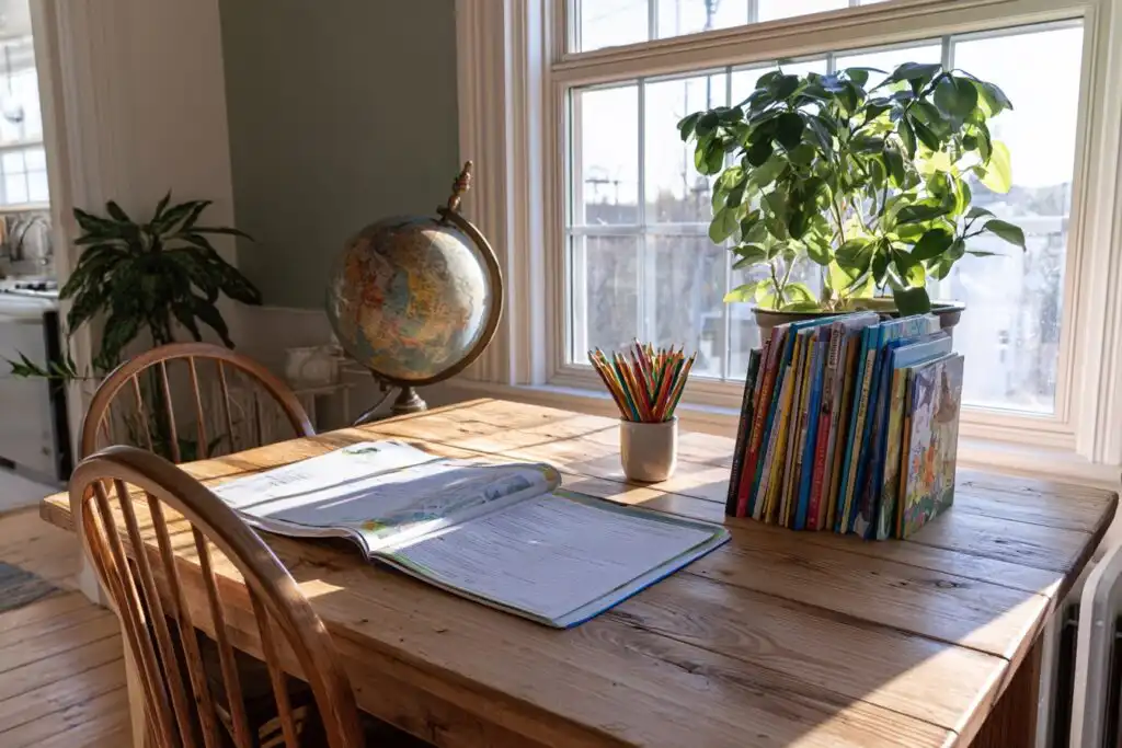 Homeschool corner on a wooden kitchen table with an open workbook, colored pencils, a globe, and children's books by a sunny window