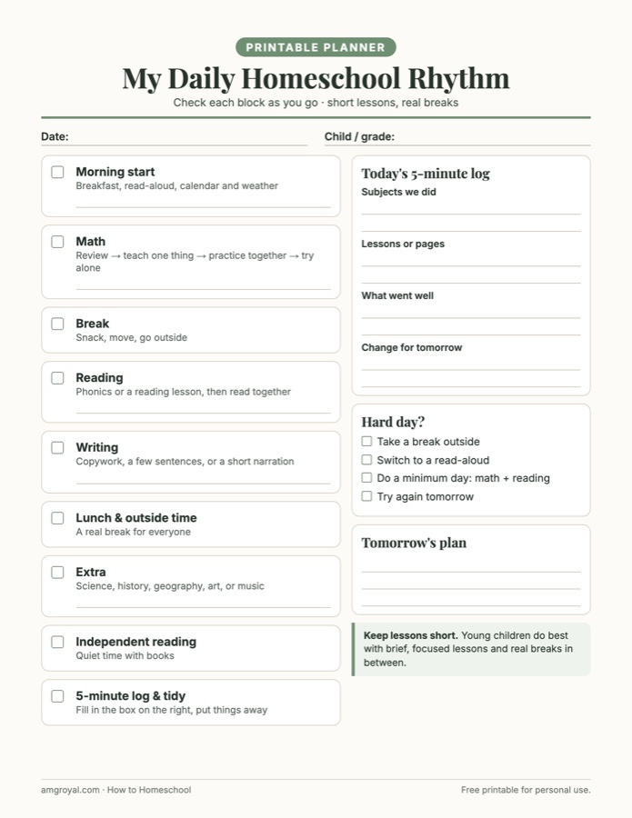 How to Homeschool: A Simple Day-by-Day Guide for First-Year Parents 2 Printable daily homeschool rhythm planner with blocks for morning start, math, reading, writing, breaks and a 5-minute daily log