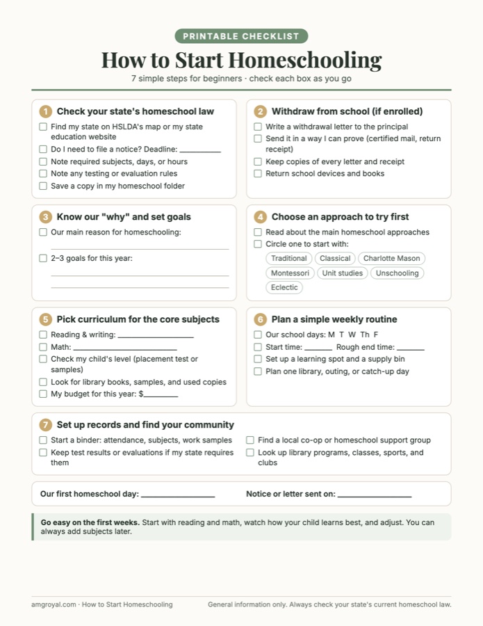 How to Start Homeschooling: 7 Steps for Beginners (Free Checklist) 2 Printable How to Start Homeschooling checklist with 7 steps: state law, withdrawal, goals, approach, curriculum, weekly routine, records and community