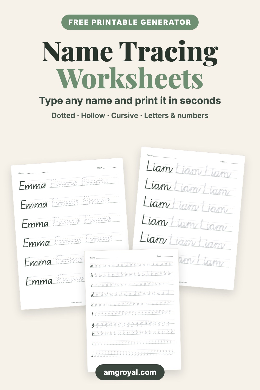 Name Tracing Worksheets 3 Name tracing worksheets: free printable generator, type any name and print dotted, hollow or cursive practice sheets