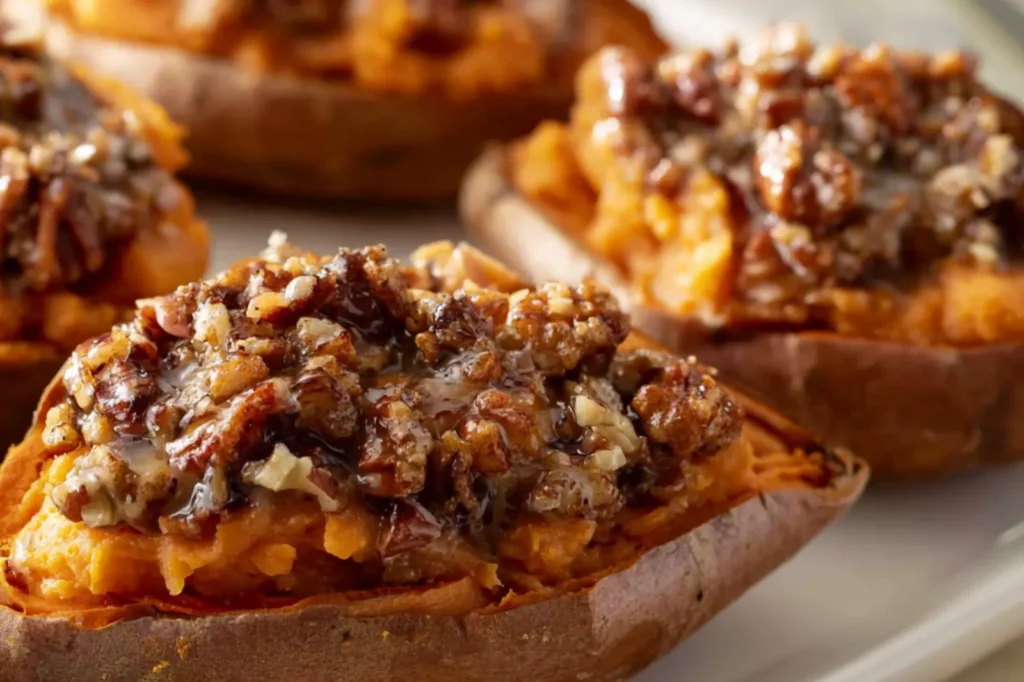 Pecan Pie Twice Baked Sweet Potatoes recipe, served and ready to eat, easy homemade dish