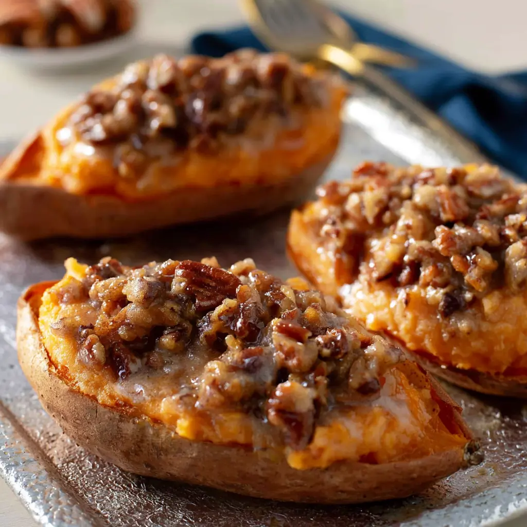 Pecan Pie Twice Baked Sweet Potatoes Make Your Holiday Table Feel New and Special 6 Pecan Pie Twice Baked Sweet Potatoes recipe, served and ready to eat, easy homemade dish