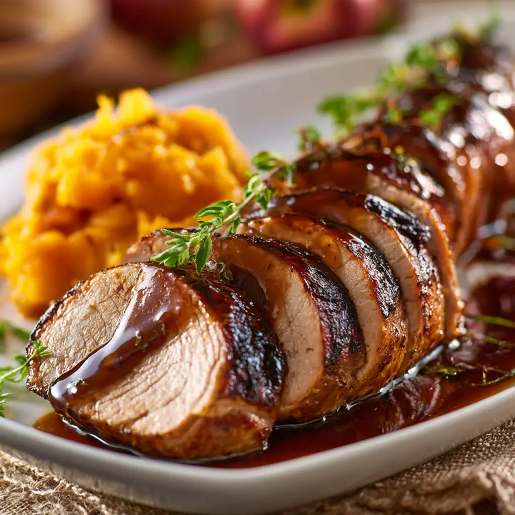 Tender Pork Tenderloin with Apple Cider Glaze recipe, served and ready to eat, easy homemade dish