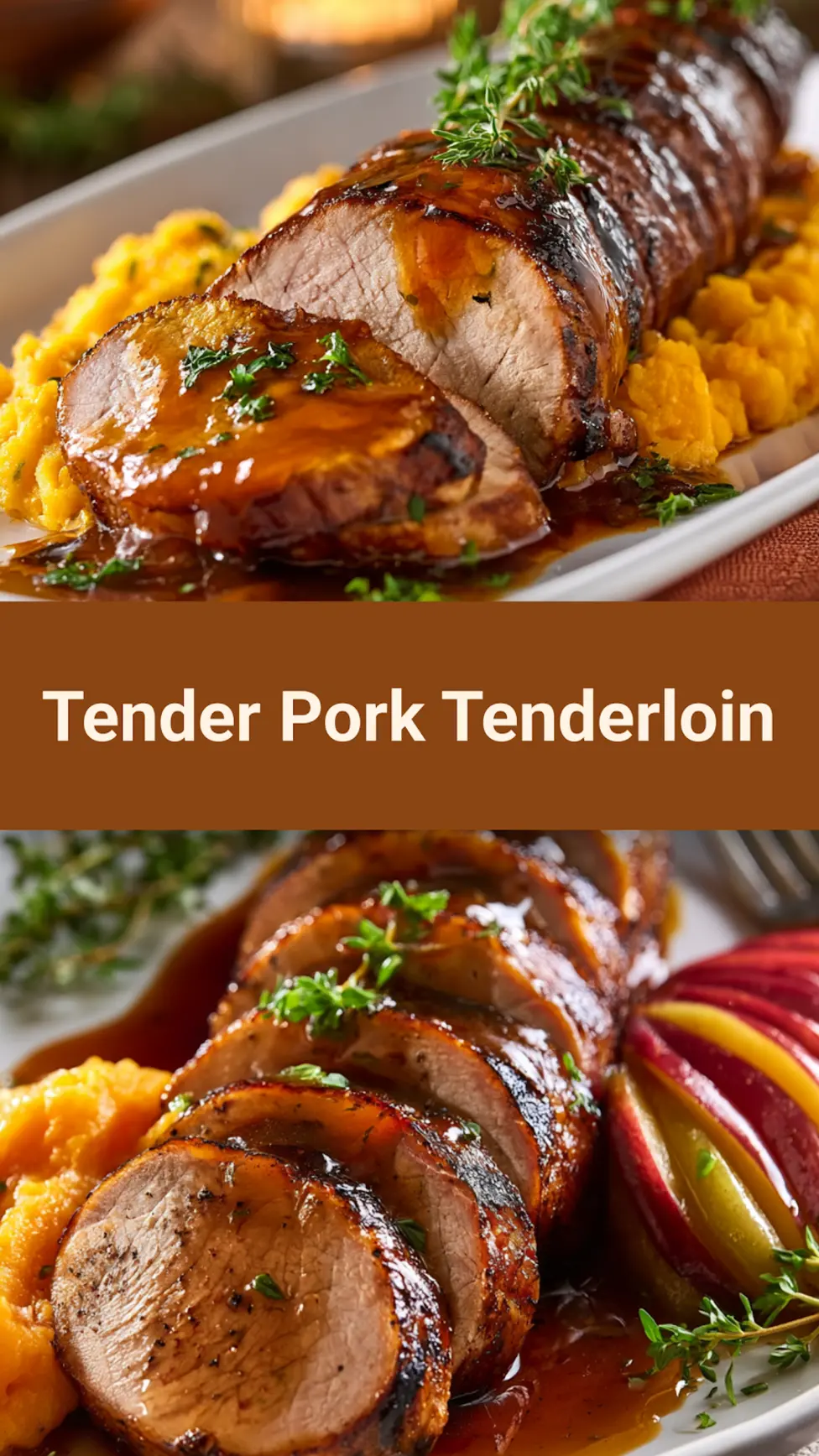 Tender Pork Tenderloin with Apple Cider Glaze recipe, served and ready to eat, easy homemade dish
