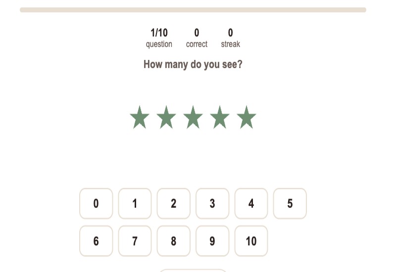 Counting and number recognition tool showing five stars and number buttons to tap