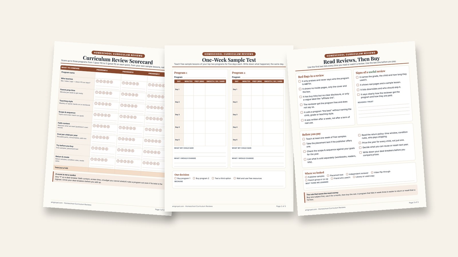 Three printable pages: a curriculum review scorecard, a one-week sample test log and a red-flags and before-you-pay checklist