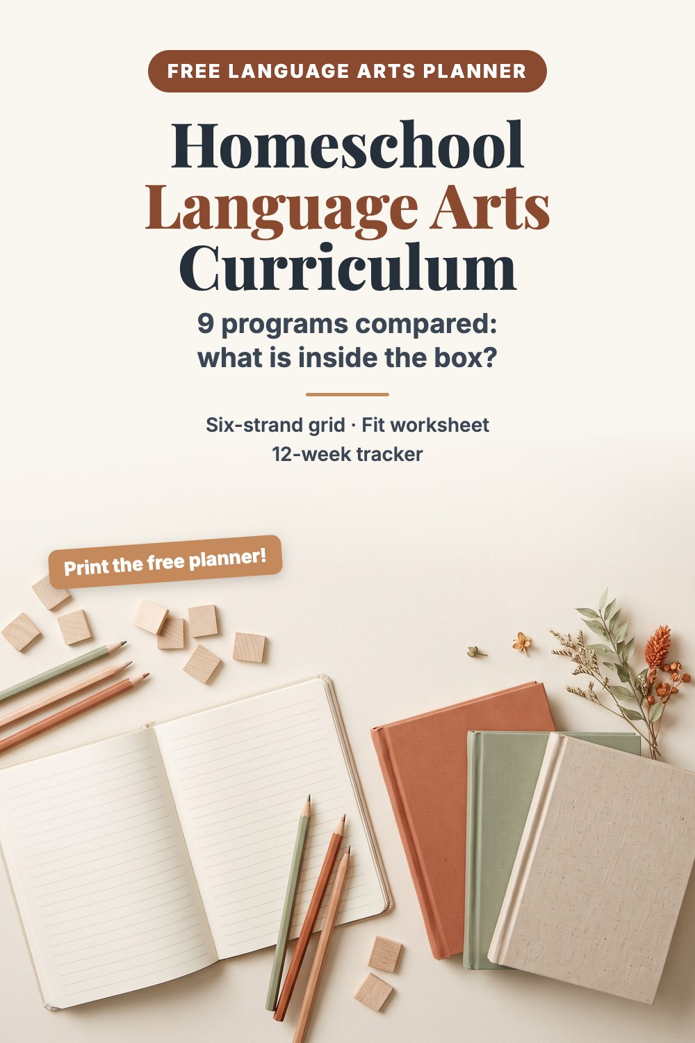 Homeschool Language Arts Curriculum: All-in-One or Separate Subjects? 5 Homeschool language arts curriculum: 9 programs compared by what is inside the box, with a free printable planner