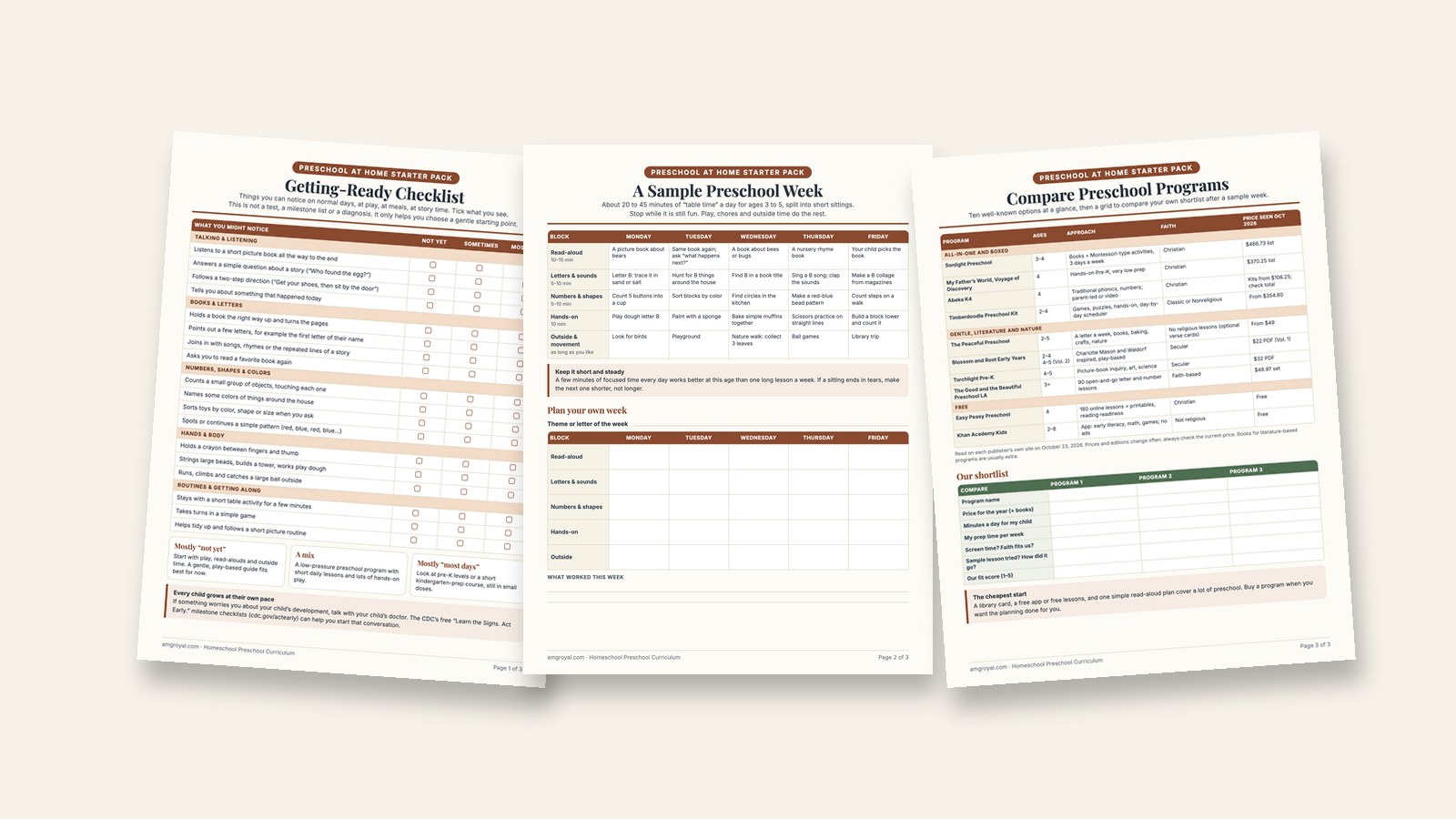 Best Homeschool Preschool Curriculum: 10 Programs Compared 2 Three printable pages: a preschool getting-ready checklist, a sample preschool week and a comparison grid of 10 homeschool preschool programs