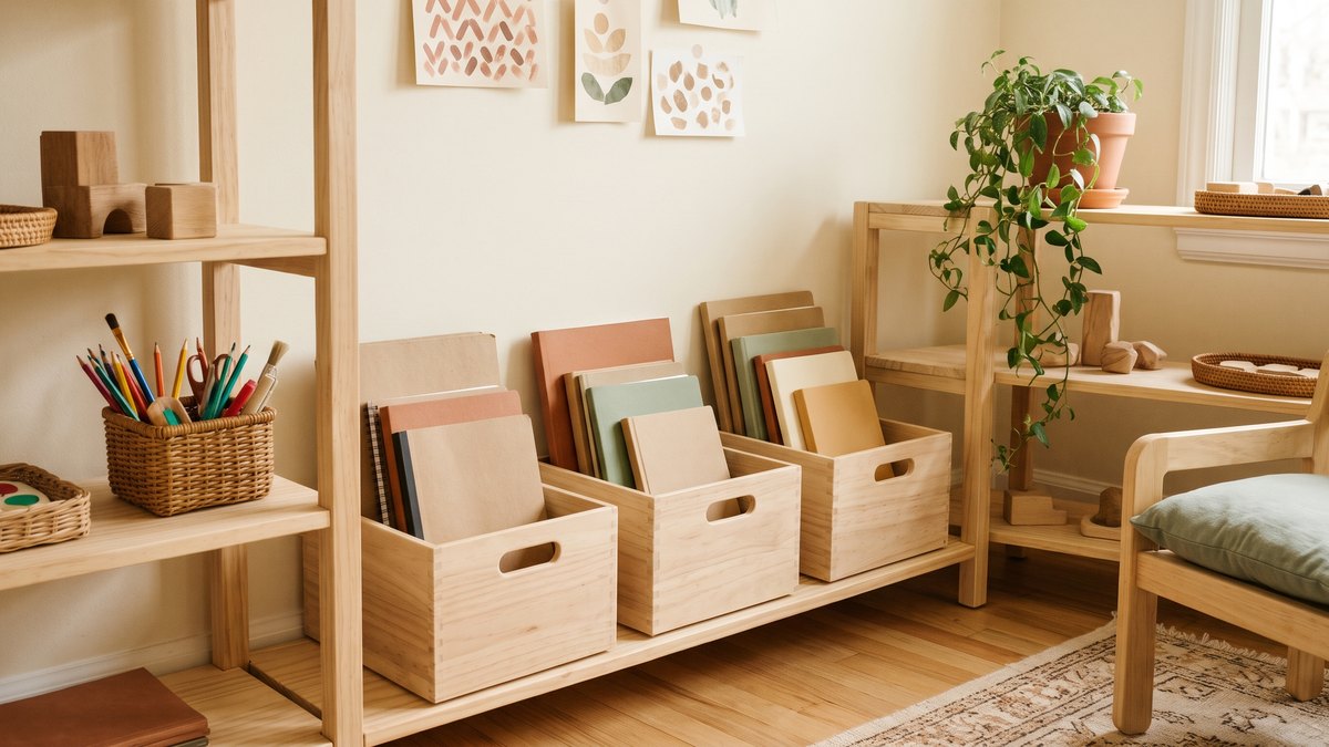 How to Homeschool Multiple Kids: What to Teach Together, What to Split 2 Three wooden bins on a shelf holding separate notebooks and workbooks for each child in a bright homeschool corner