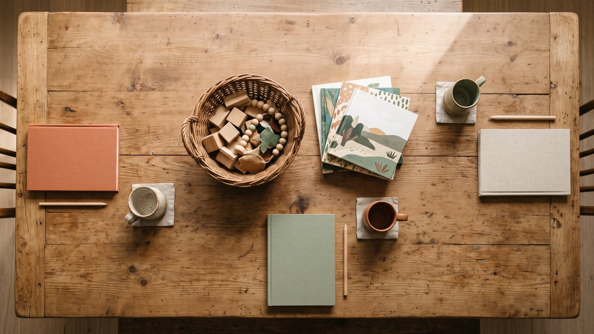 How to Homeschool Multiple Kids: What to Teach Together, What to Split 3 A wooden kitchen table set up with three separate work stations, a basket of quiet activities and picture books in the middle