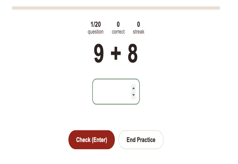 Math Facts Practice tool showing an addition question with instant answer feedback