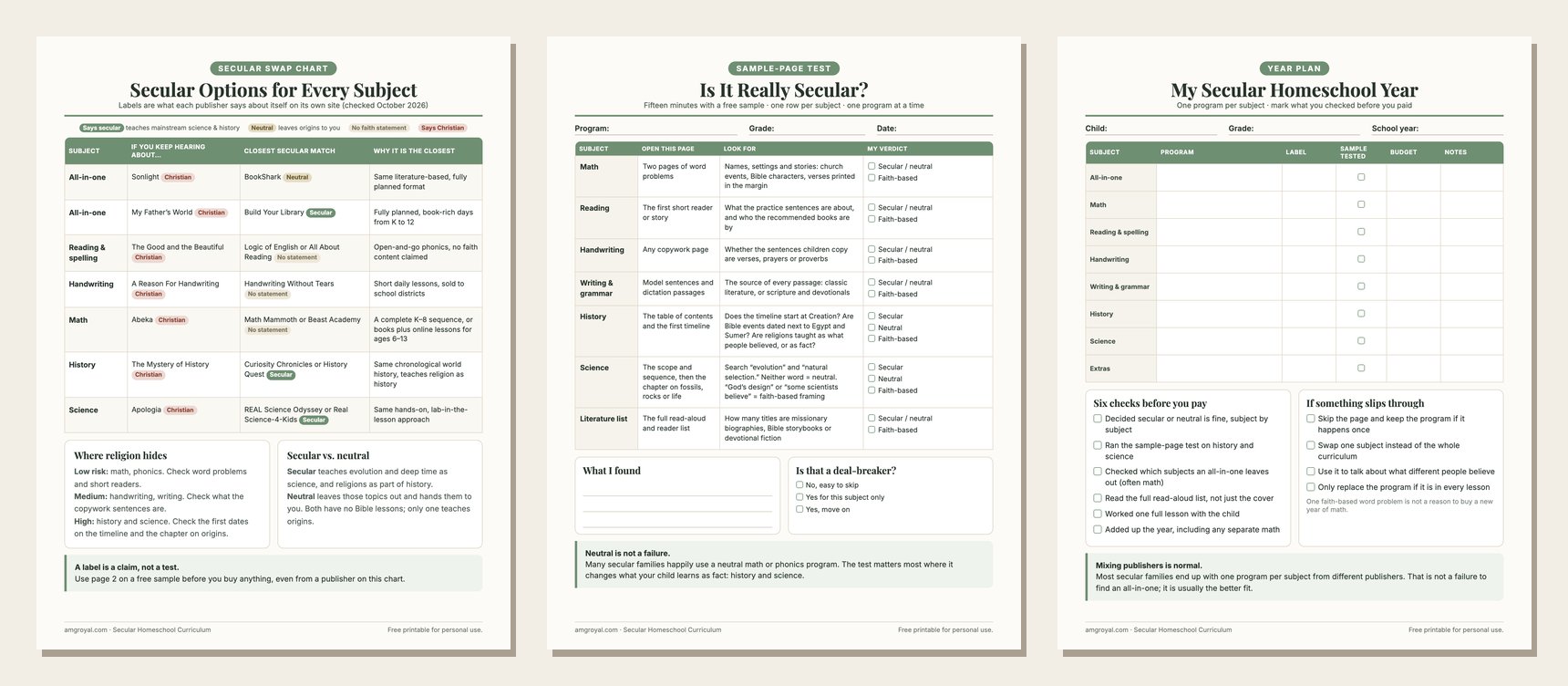 Three printable pages: a secular swap chart for every subject, a sample-page test and a homeschool year plan